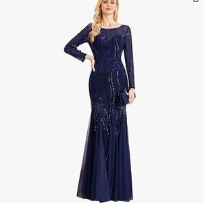 XUIBOL Long Sleeve Sequin Evening Glitter Mermaid Long Gown (Navy, L)